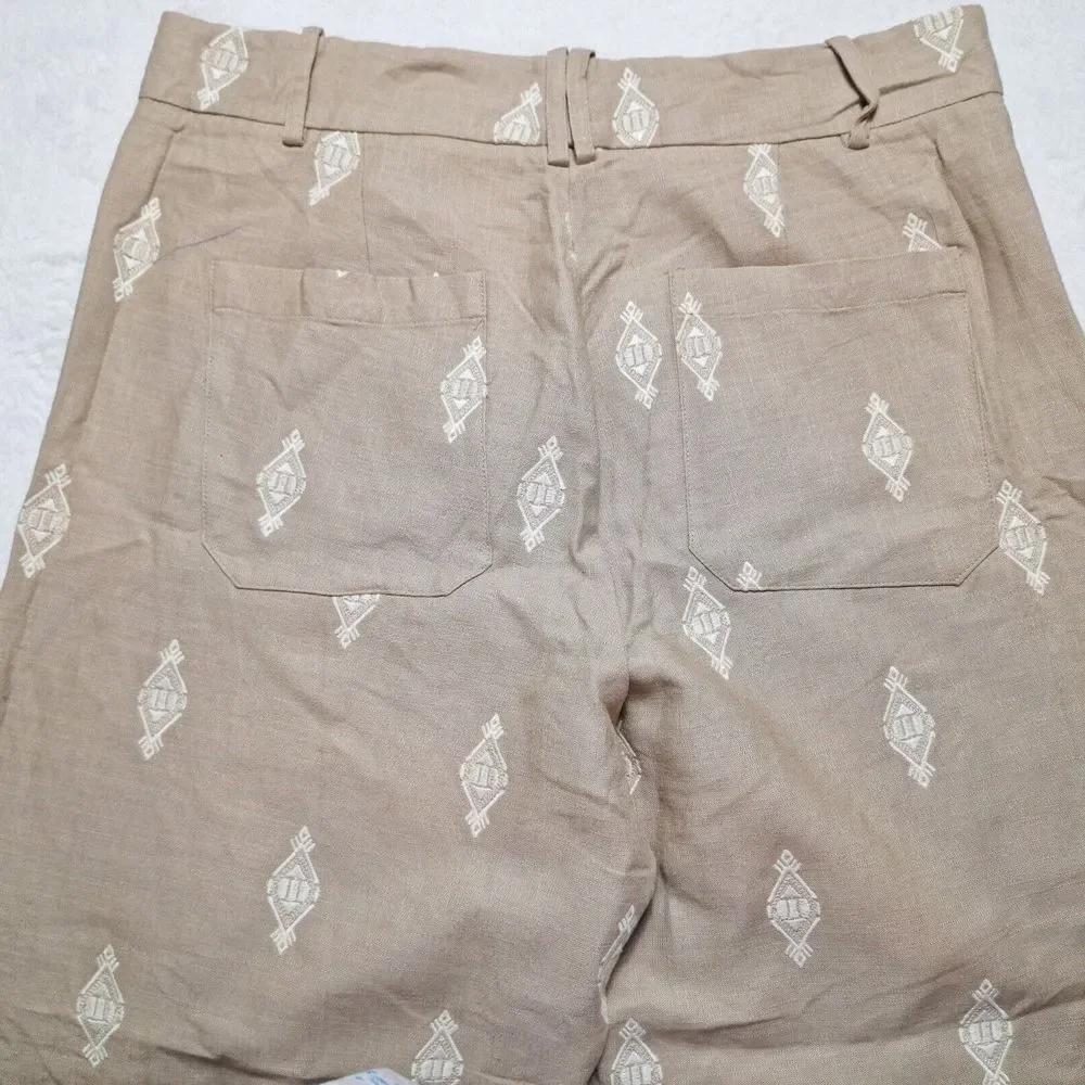 ZARA Linen Blend Embroidered Wide Leg Crop Pants Sz XL Beige Blogger Favorite